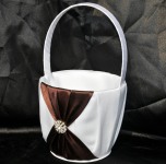 White Wedding Isle Flower Girl Petal Basket with Brown Ribbon & Diamante Ring Design